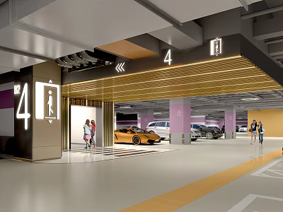 Modern Indoor Parking Garage With Number 4 Entrance Cars Bright Lighting And Pedestrians 3d model