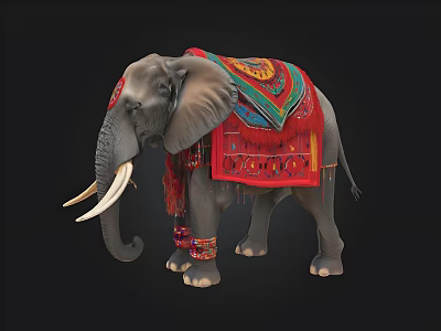 Ornately Decorated Elephant With Colorful Traditional Blanket Red Embroidered Sash And Long Tusks 3d model