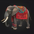 Ornately Decorated Elephant With Colorful Traditional Blanket Red Embroidered Sash And Long Tusks