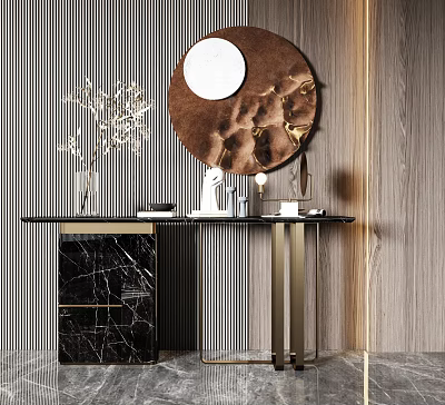 Console Table with Marble Cabinet Bronze Legs Circular Mirror and Decor Items on Striped Wall 3d model
