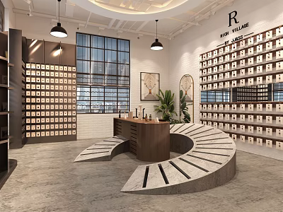 Specialty Store Interior Design With Shelves Filled With Products Circular Counter Pendant Lights And Window 3d model