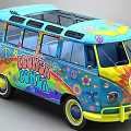 Colorful Volkswagen Bus Featuring Flower Power Peace Symbols Floral Patterns and Rainbow Design