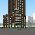 Tall Urban Building With White Surrounding Buildings And Green Background Road