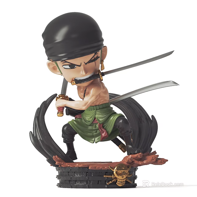 Anime Character Sculpture Muscular Warrior with Double Swords Black Hat Green Shorts and Black Wave Base 3d model 