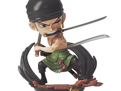 Anime Character Sculpture Muscular Warrior with Double Swords Black Hat Green Shorts and Black Wave Base 3d model
