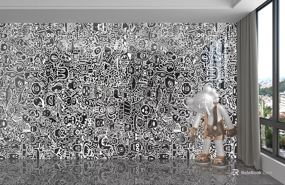 Black And White Graffiti Style Wainscoting With Patterns And Cartoon Character Doll By Window 3d model 