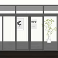 Modern Glass Doors With CCC Lettering And Office Interior With Wooden Flooring