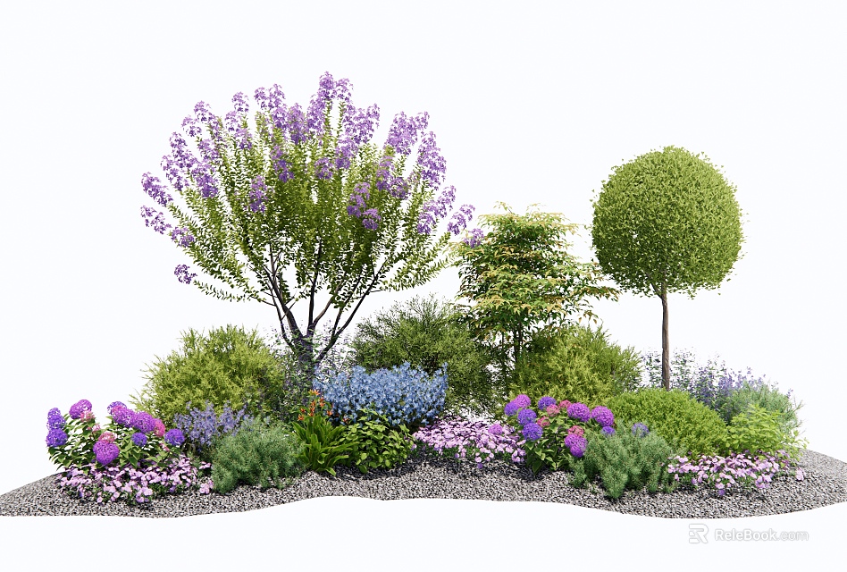 Purple Flowering And Rounded Shrubs With Green Plants Pink Blooms And Herbs 3d model 