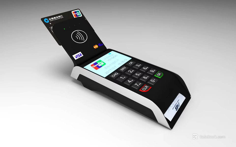 POS Payment Terminal With Bank Card Inserted Multiple Payment Logos And Digital Screen 3d model 
