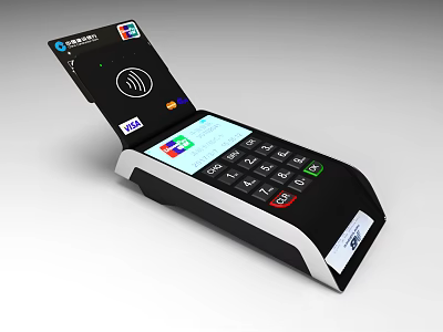 POS Payment Terminal With Bank Card Inserted Multiple Payment Logos And Digital Screen 3d model