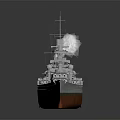 Warship With Smoking Funnel Gray Upper Hull Red Bottom Main Deck And Turrets