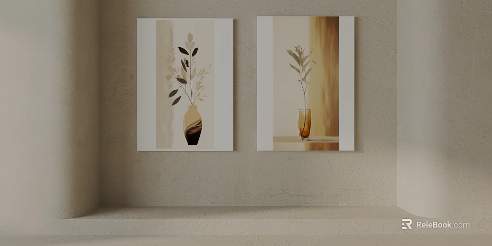 Two Decorative Wall Paintings With Vases And Green Plants On Beige Wall 3d model 