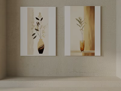 Two Decorative Wall Paintings With Vases And Green Plants On Beige Wall 3d model