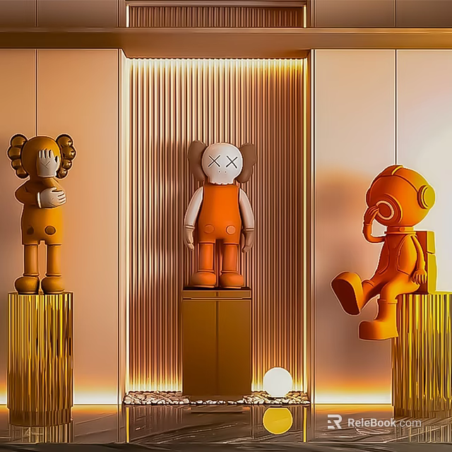 Trendy Orange Art Dolls Displayed On Pedestals Against Ribbed Wall With Warm Lighting 3d model 
