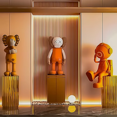 Trendy Orange Art Dolls Displayed On Pedestals Against Ribbed Wall With Warm Lighting 3d model