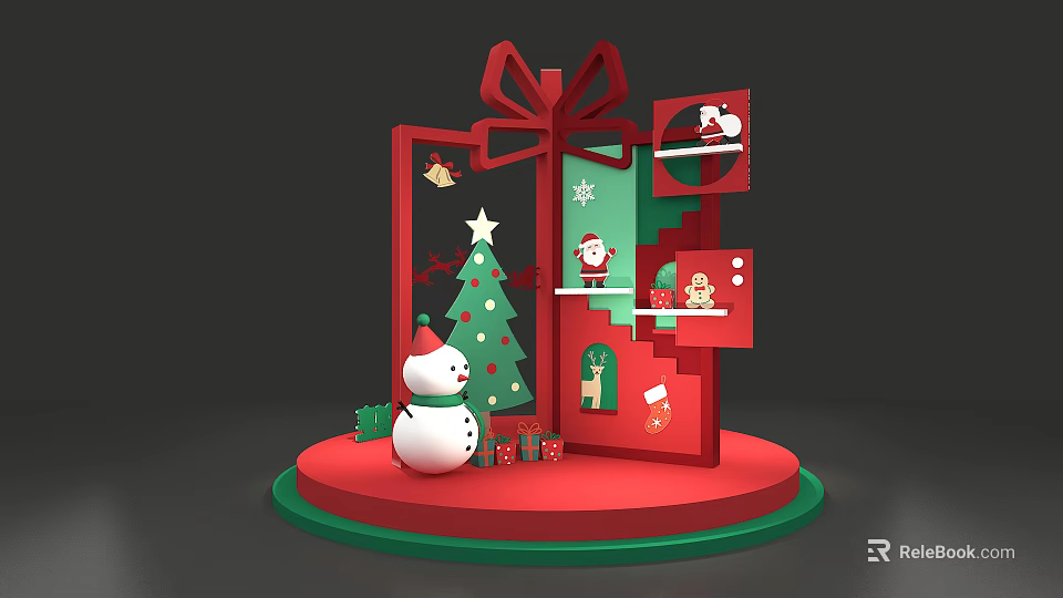 Festive Christmas Decorative Scene With Red Gift Box Tree Snowman And Santa Elements 3d model