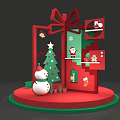 Festive Christmas Decorative Scene With Red Gift Box Tree Snowman And Santa Elements 3d model
