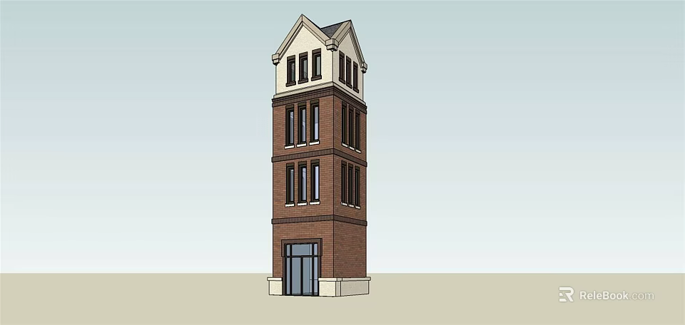 Multi Story Red Brick Tower Architecture With Gabled Roof Windows And Entrance Door 3d model 