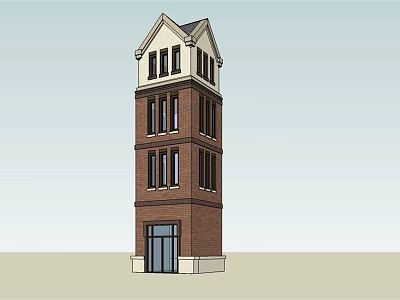 Multi Story Red Brick Tower Architecture With Gabled Roof Windows And Entrance Door 3d model