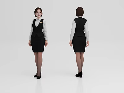 Professional Woman In Black Vest White Shirt Black Skirt Front Back View 3d model