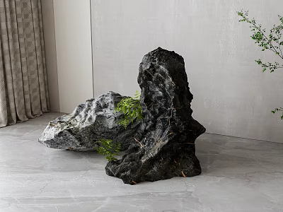 Stone Wood Decorative Sculptures In Natural Interior Design With Green Plants 3d model