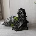 Stone Wood Decorative Sculptures In Natural Interior Design With Green Plants