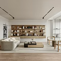 Modern Living Room Interior Design With Beige Sofa Wooden Bookshelf And Coffee Table