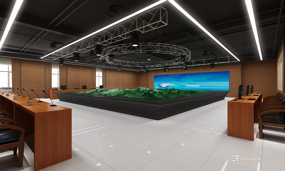 Conference Room With Large Green Terrain Model Wooden Podiums And Lighting Rigs 3d model 
