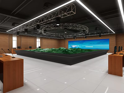 Conference Room With Large Green Terrain Model Wooden Podiums And Lighting Rigs 3d model