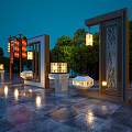 Decorative Outdoor Lights with Chinese Lanterns Pillars and Gate Structures Illuminating Nighttime Stone Path 3d model
