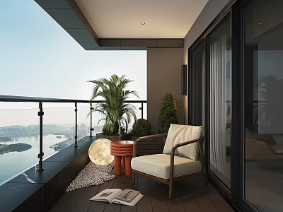 Home Balcony With Wooden Flooring Cushioned Chair Moon Lamp Woven Rug Green Plants River View 3d model