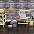 Rural Landscape Traditional Tools Display Featuring Stone Mill Bamboo Shelf and Straw Hat