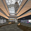 Modern Shopping Mall Lobby Interior With Geometric Ceiling Wooden Panels And Retail Stores