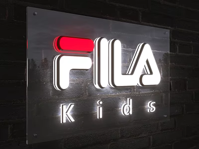 FILA Kids Transparent Acrylic Billboard With Red Accent And Brick Wall Background 3d model