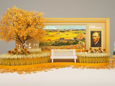 Van Gogh Themed Photo Spot With Golden Tree Sunflowers White Bench And Wheat Field Art 3d model