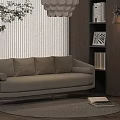 Modern Beige Linen Two Seater Sofa With Round Rug And Wooden Bookshelf