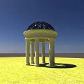 Classical Gazebo With White Columns Black Dome On Green Grass Under Blue Sky