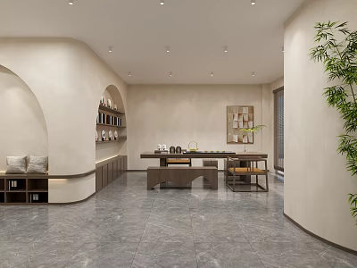 Modern Minimalist Shop Front Desk Interior With Curved Walls Gray Marble Flooring And Green Plant 3d model