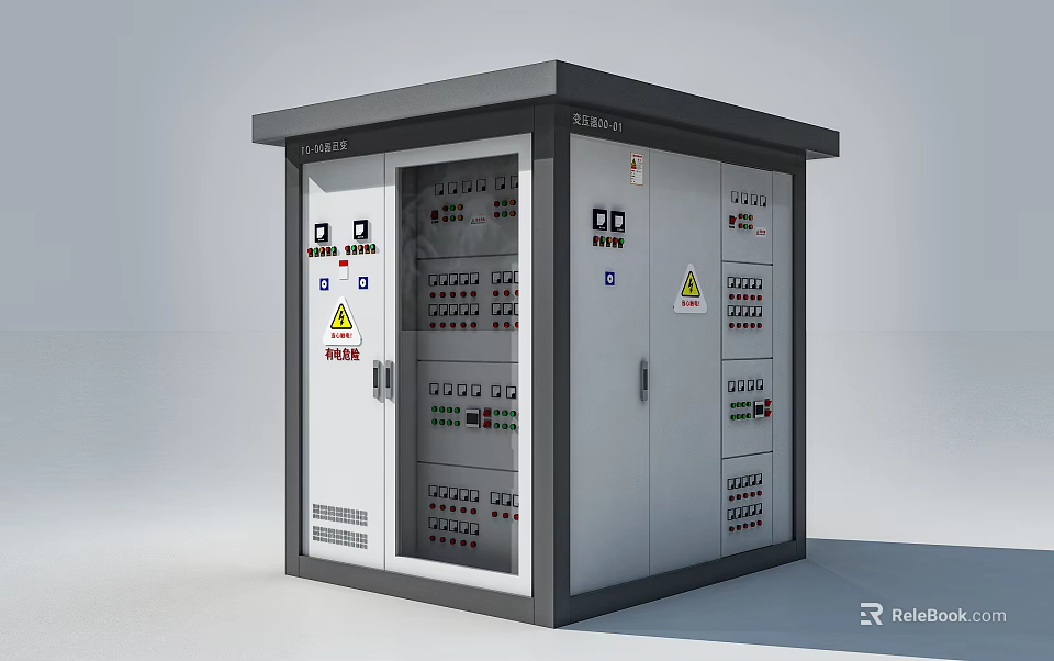 Outdoor Public Electrical Equipment Cabinet With Metal Structure Control Panels And Warning Signs 3d model 