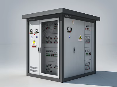 Outdoor Public Electrical Equipment Cabinet With Metal Structure Control Panels And Warning Signs 3d model