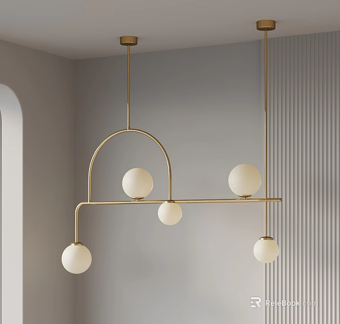 Modern Minimalist Chandelier with Golden Frame and White Spherical Bulbs in Gray Wall with Stripes 3d model 
