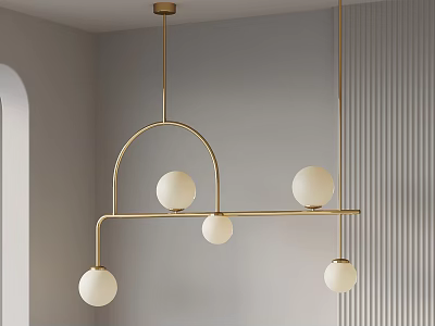 Modern Minimalist Chandelier with Golden Frame and White Spherical Bulbs in Gray Wall with Stripes 3d model