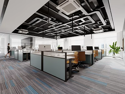 Modern Open Public Office Space Featuring Desks Computers Partitions Ceiling Lights Green Plants and People 3d model