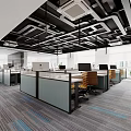 Modern Open Public Office Space Featuring Desks Computers Partitions Ceiling Lights Green Plants and People