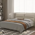 Modern Beige Double Bed with Leather Headboard Grey Bedding Brown Throw Wooden Nightstand and Window Blinds
