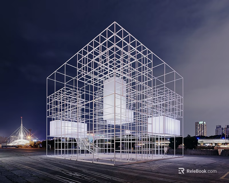 Modern Wireframe Cube Structure With Nighttime Lighting In Urban Open Space 3d model 
