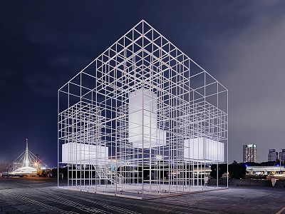 Modern Wireframe Cube Structure With Nighttime Lighting In Urban Open Space 3d model
