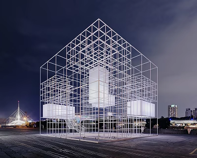 Modern Wireframe Cube Structure With Nighttime Lighting In Urban Open Space 3d model