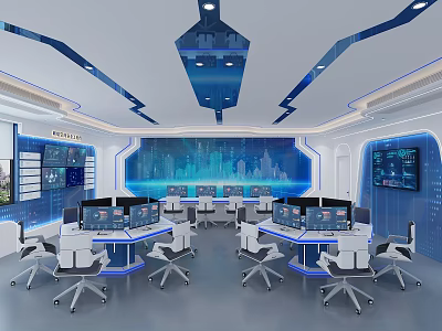 Modern Monitoring Control Room With Multiple Screens Control Desks And Ergonomic Chairs 3d model