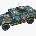 Camouflage Off Road Functional Vehicle With Red Cross Symbol Roof Spare Tire And Antennas